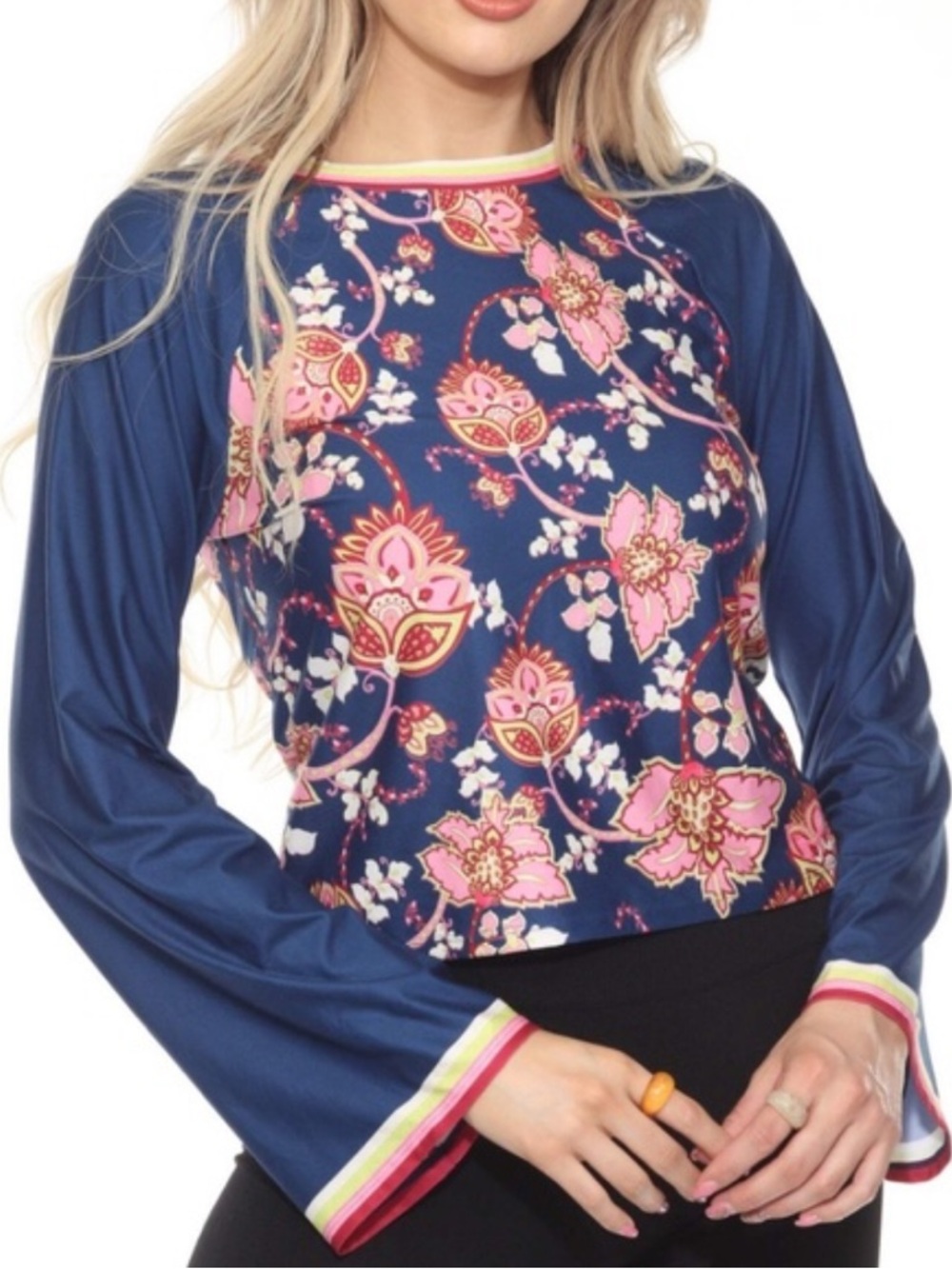 NWT Johnny Was | Women’s Blue/Pink/Multi Floral Bee Active Wide Sleeve Top Sz XL